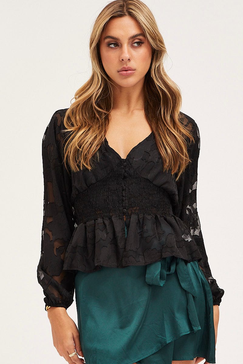 Black Peplum Top Long Sleeve V-Neck