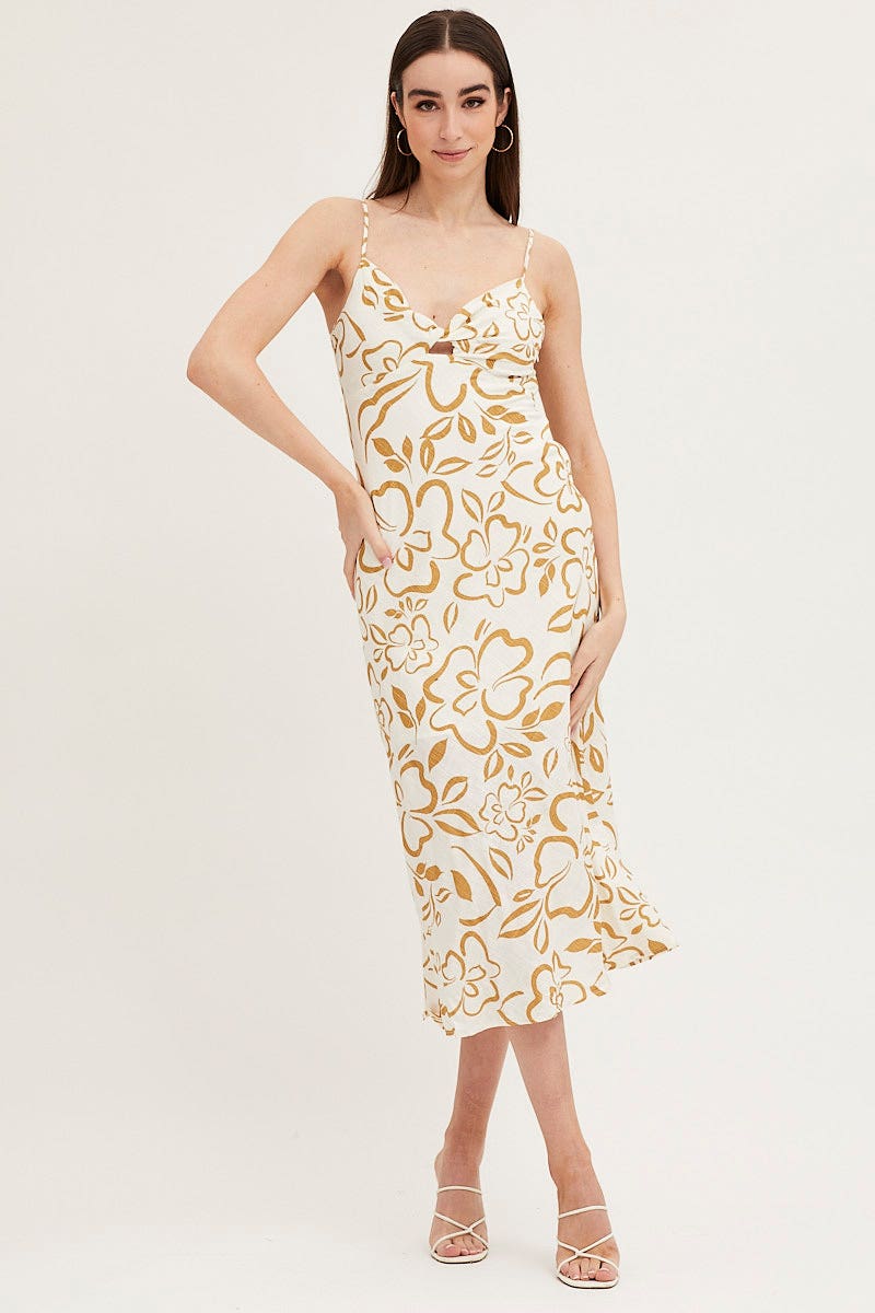 Print Linen Slip Midi Dress
