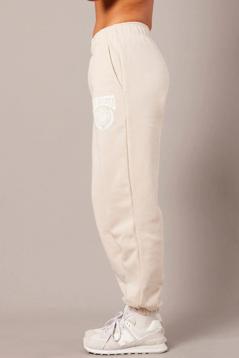 Beige Track Pants High Rise