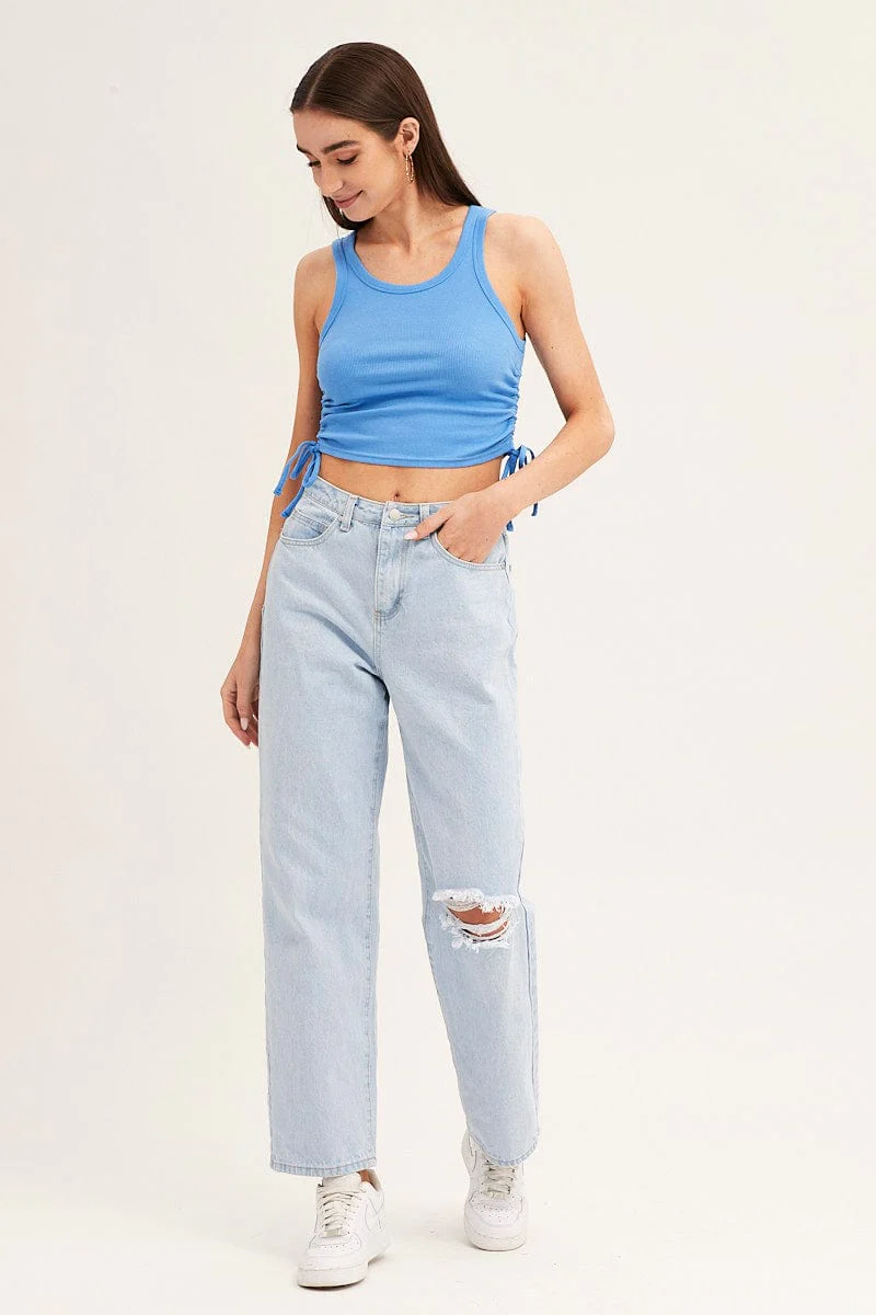 Blue Drawstring Top Sleeveless Crew Neck Rib