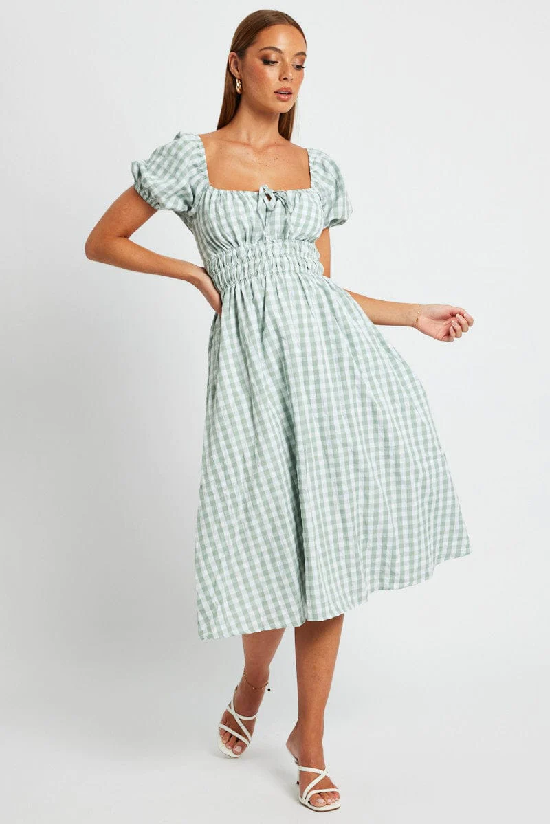 Green Check Midi Dress Short Sleeve Ruched Bust