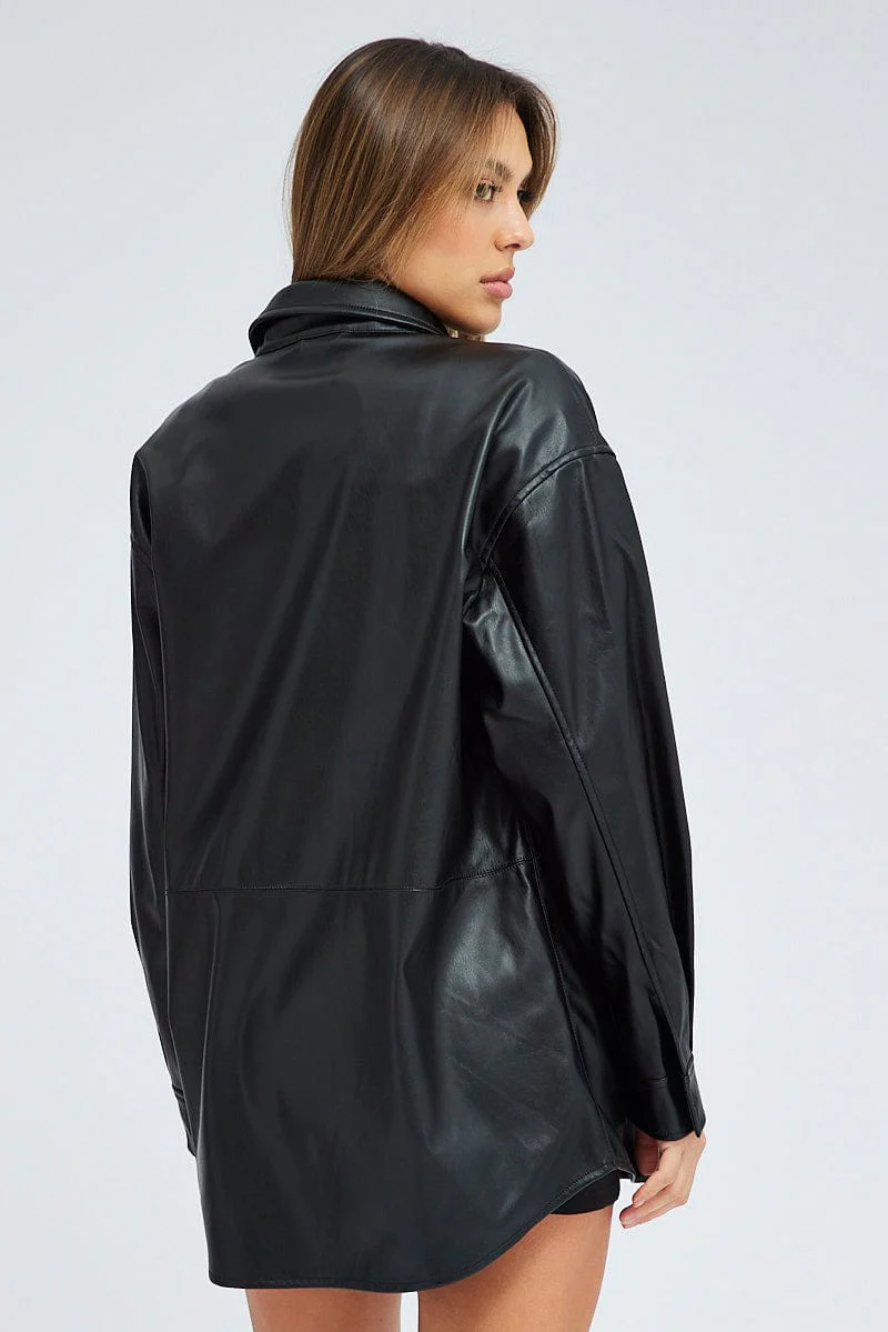 Black Shirt Collar Long Sleeve Faux Leather