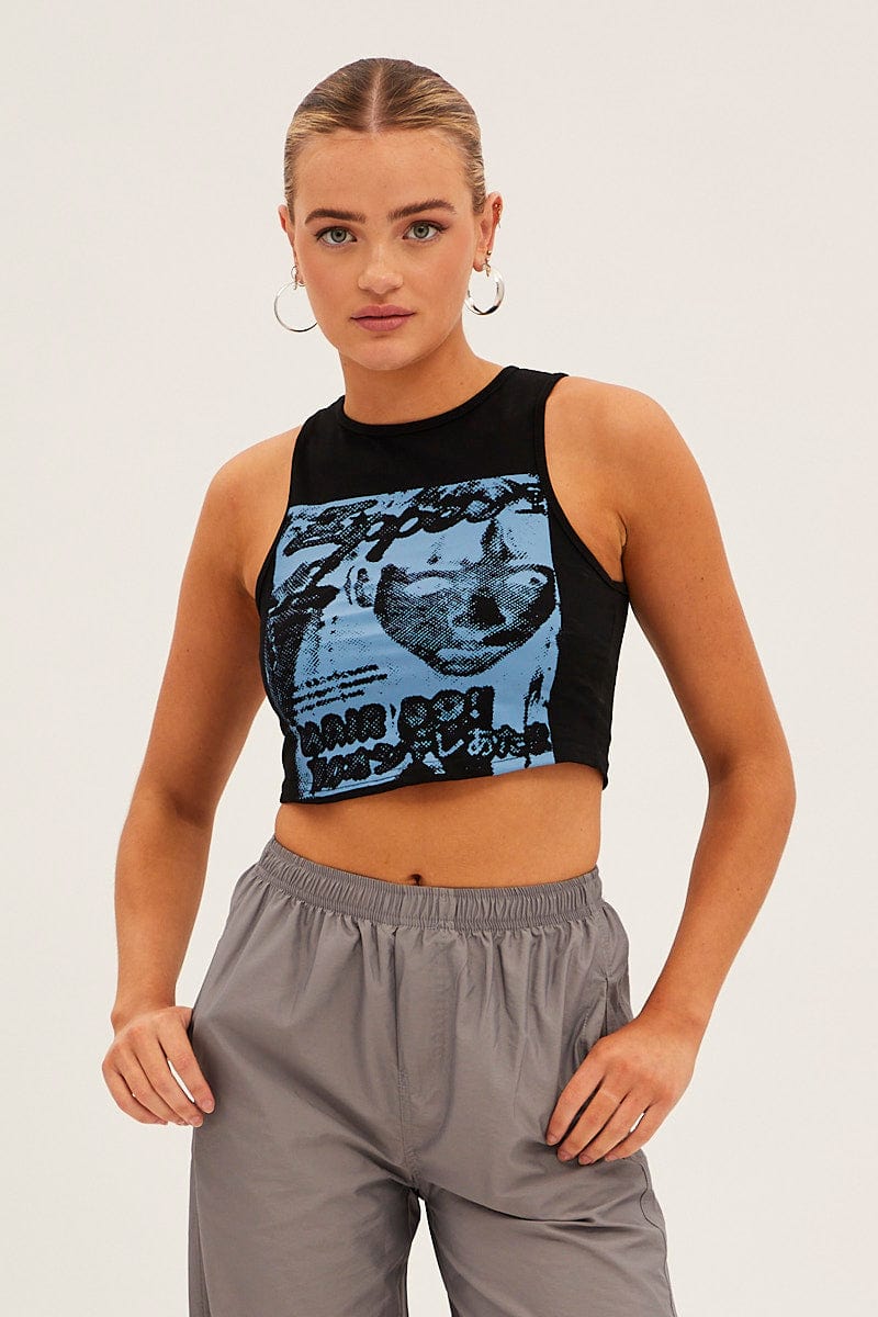 Black Graphic Crop Tank