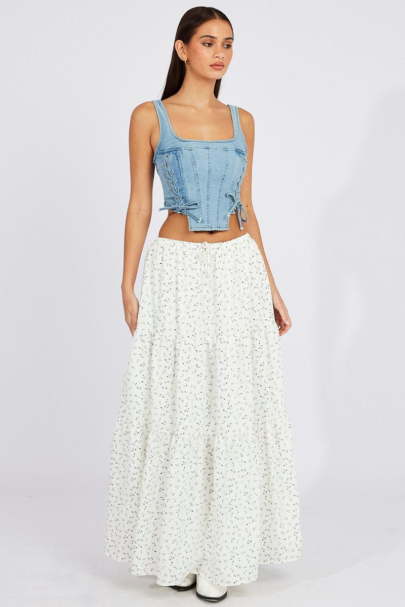 White Ditsy Maxi Skirt Elasticated Waist
