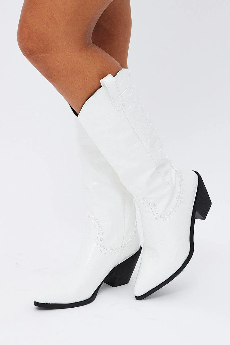 White Knee High Cowboy Boots