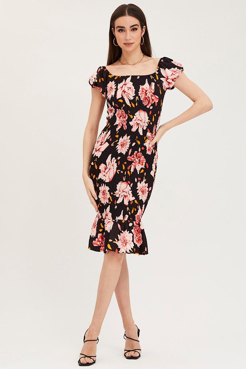 Print Shirred Midi Dress