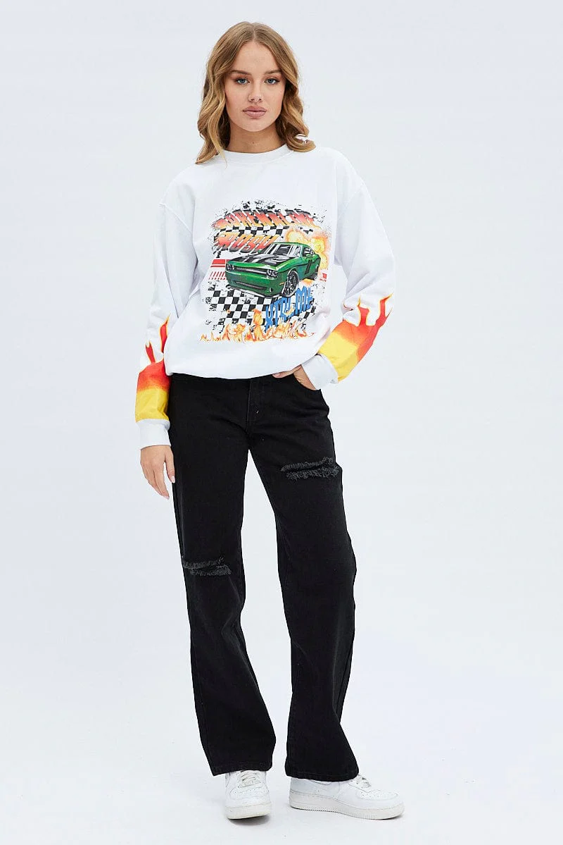 White Graphic Sweat Long Sleeve Crew Neck Racing