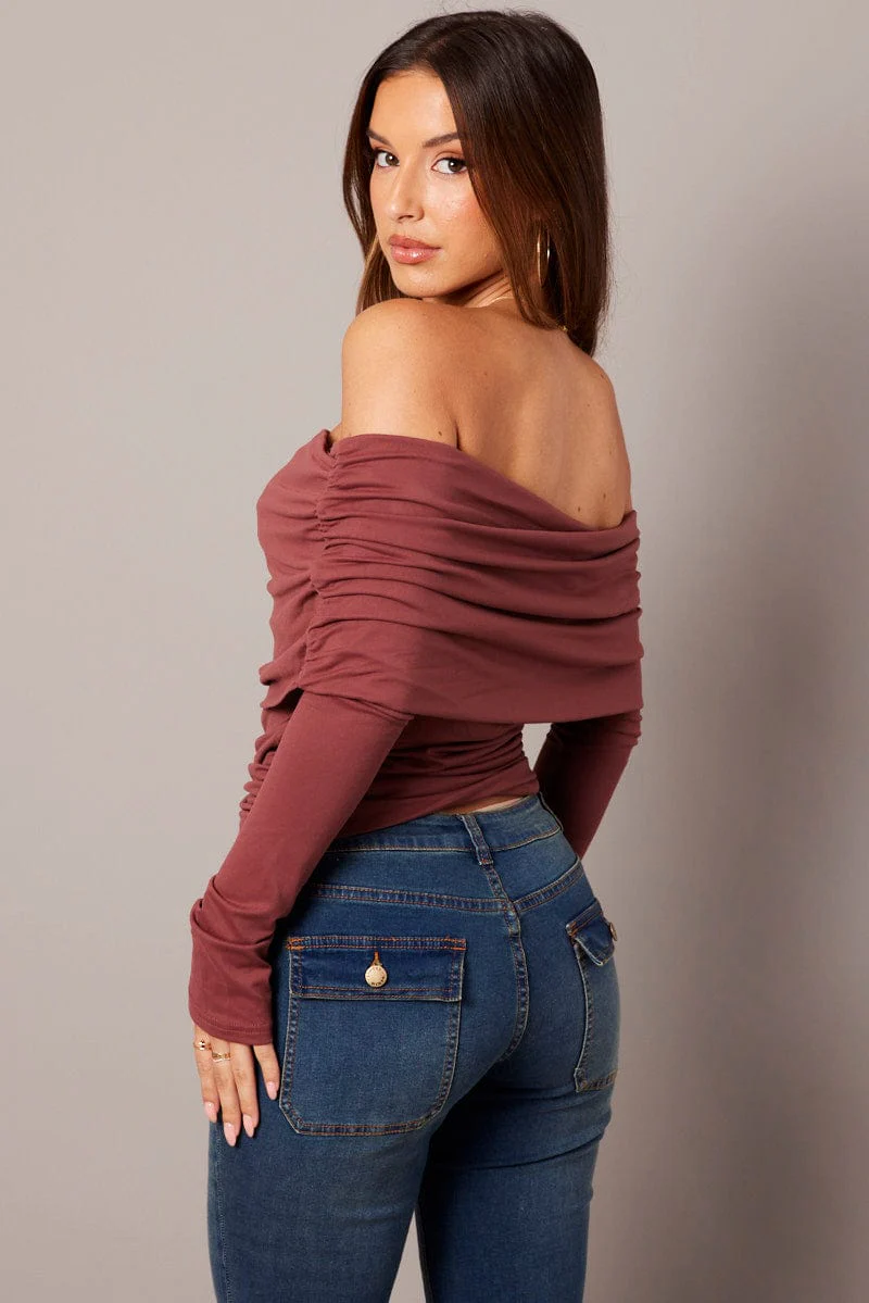 Brown Off Shoulder Top Long Sleeve