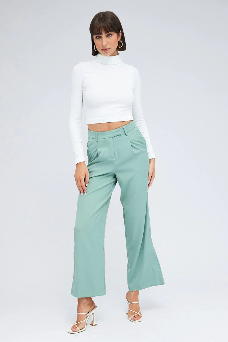 Green Wide Leg Pants High Rise