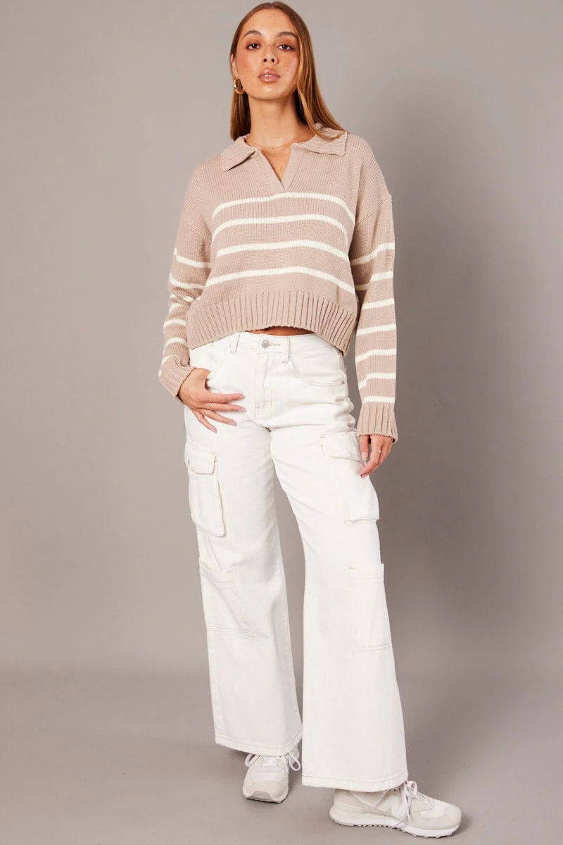 Beige Stripe Knit Top Long Sleeve Collared Jumper