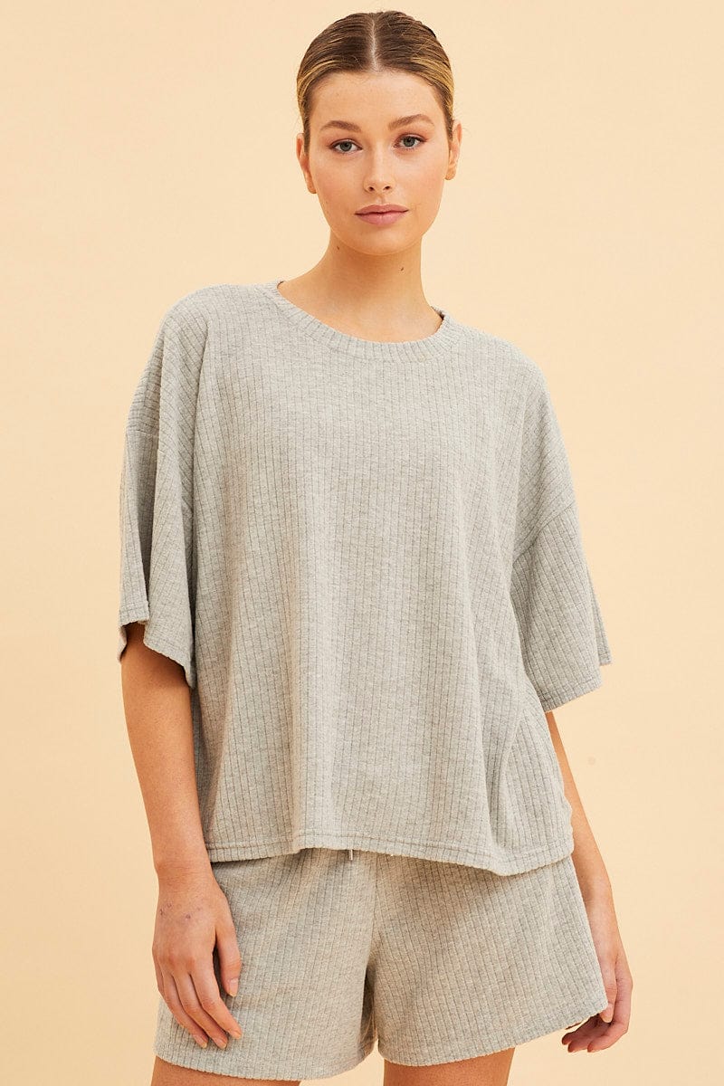 Grey Lounge T-Shirt Waffle Crew Neck Short Sleeve