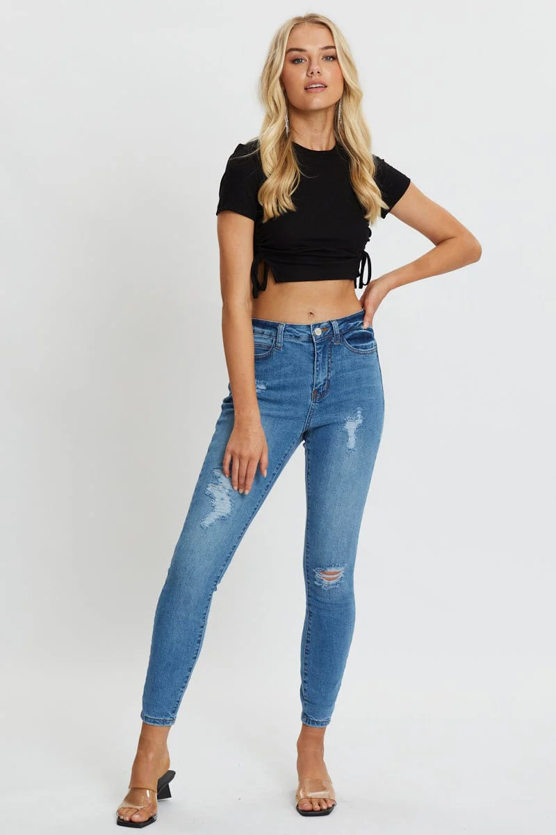 Black Drawstring Detail Jersey Rib T-Shirt