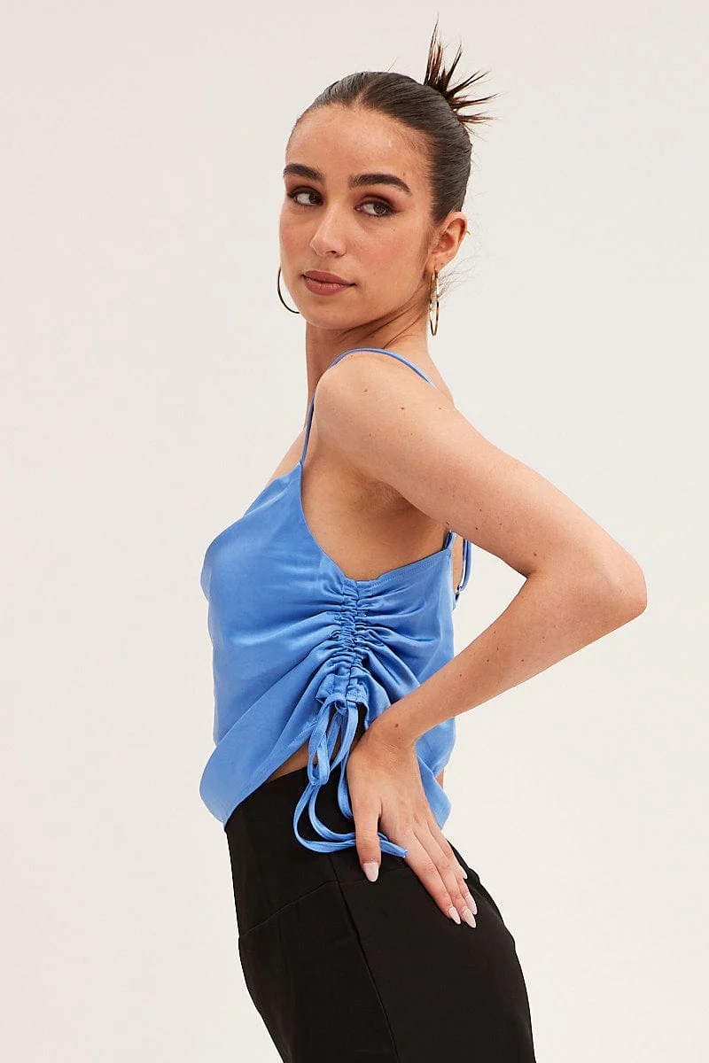 Blue Ruched Cami Top Sleeveless Cowl Neck