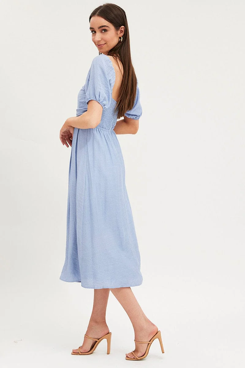 Blue Midi Dress Evening Square Neck
