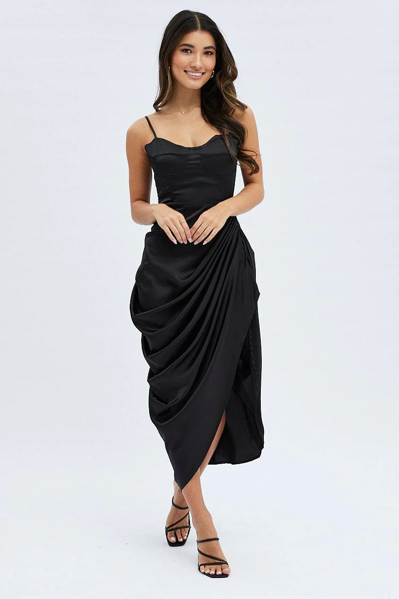 Black Satin Draped Strappy Midi Dress