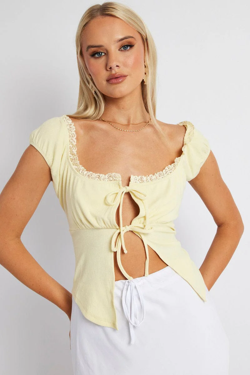 Yellow Front Tie Top Short Sleeve Rib