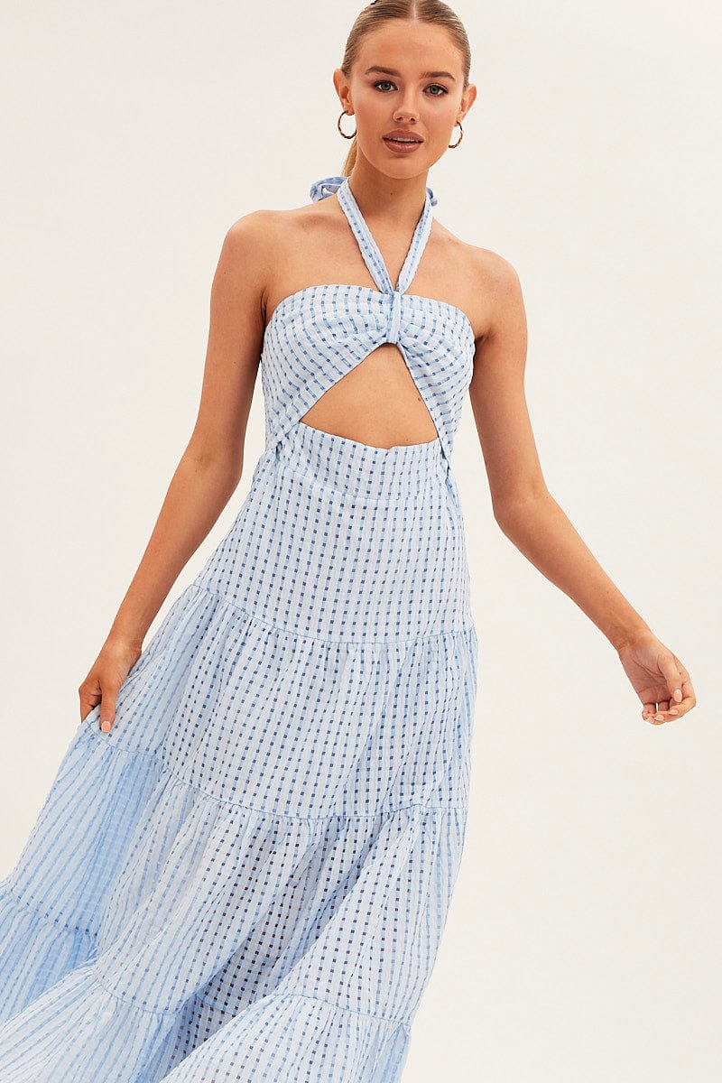 Blue Maxi Dress Tiered Halter
