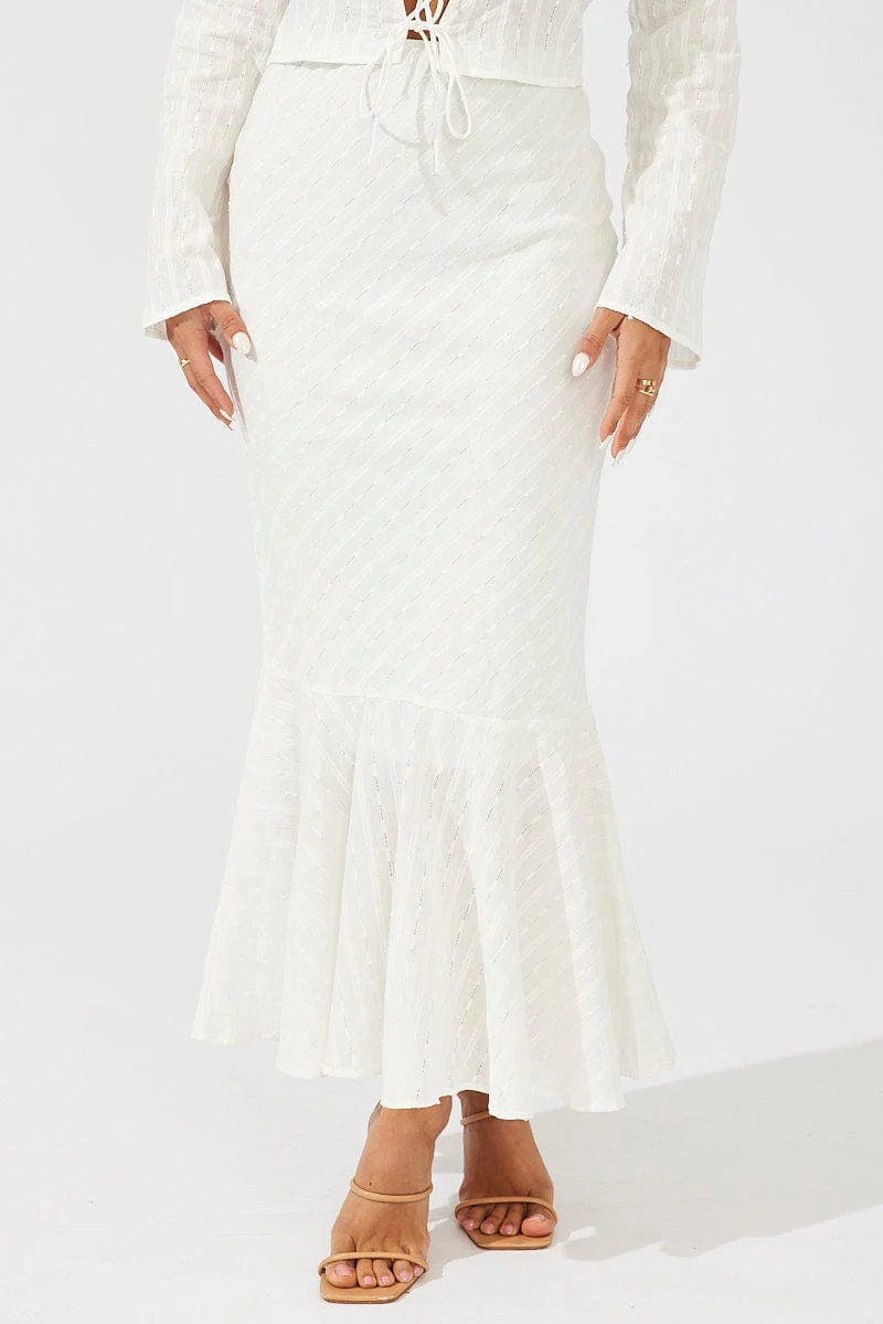 White Maxi Skirt High Waist Fit & Flare Textured Cotton