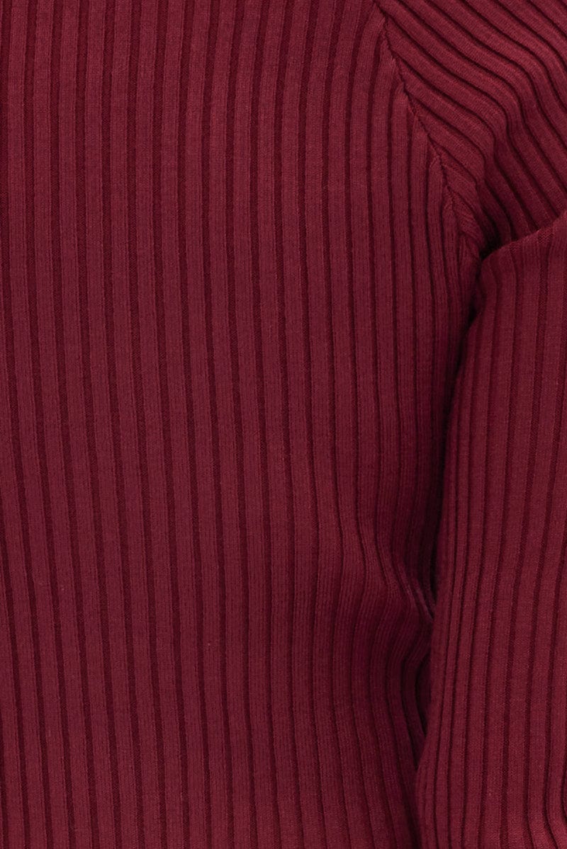 Red Knit Top Long Sleeve Lace Up Detail Ribbed