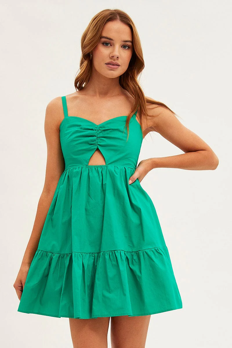 Green Fit And Flare Dress Sleeveless Ruched Bust