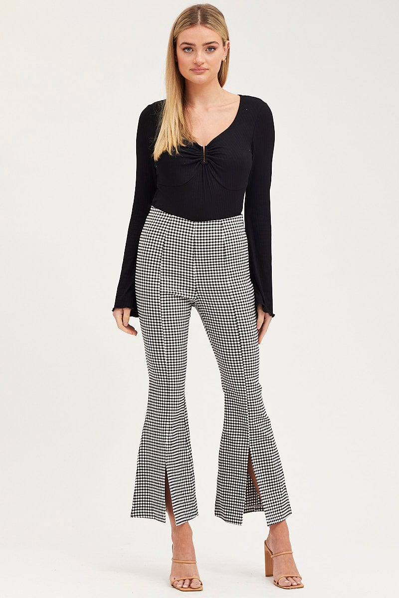 Check Flare Pants High Rise Front Split