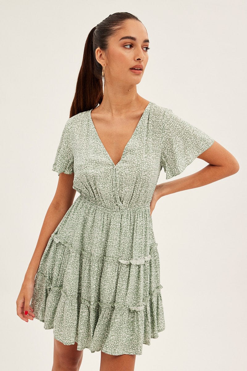 Green Floral Skater Dress Short Sleeve V Neck Green Floral
