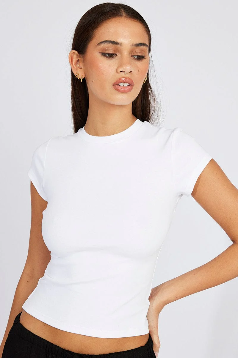 White T Shirt Short Sleeve Crew Neck Cotton Rib