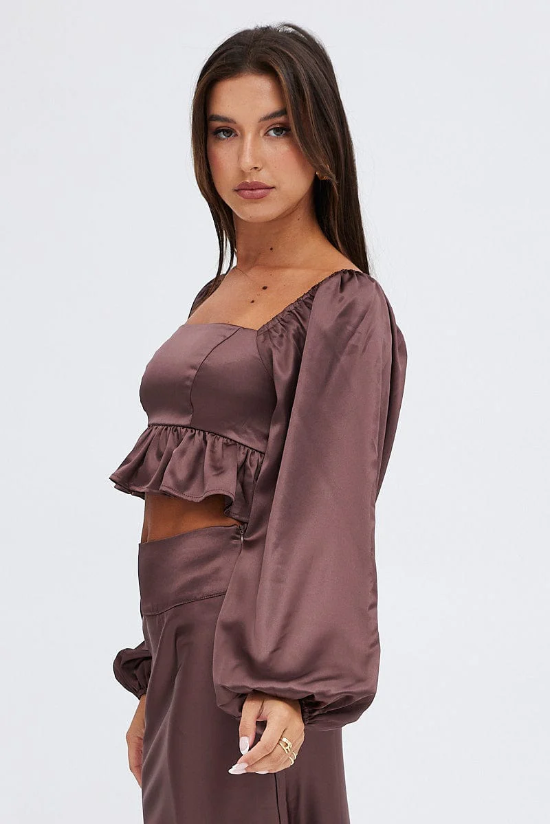 Brown Crop Top Long Sleeve Square Neck Frill Hem Satin