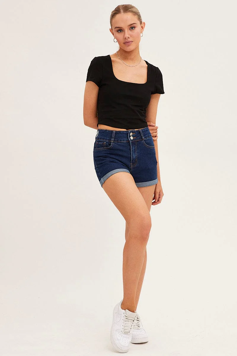 Black T Shirt Short Sleeve Crop Cotton