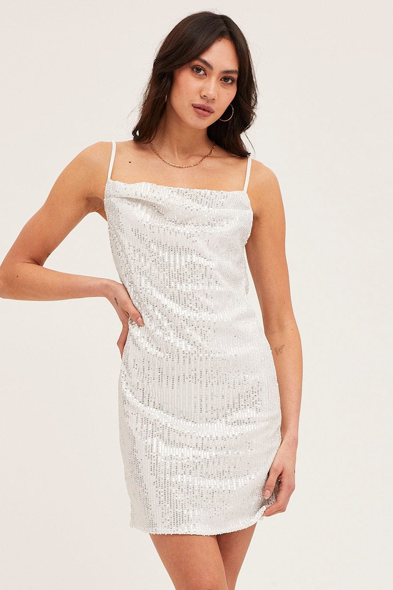 Silver Mini Dress Cowl Neck Polyester