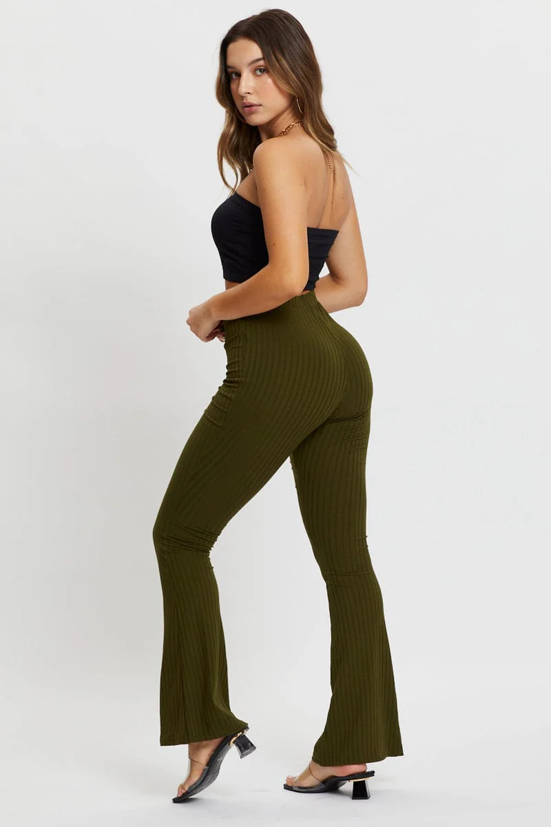 Green Jersey Rib Flared Pants