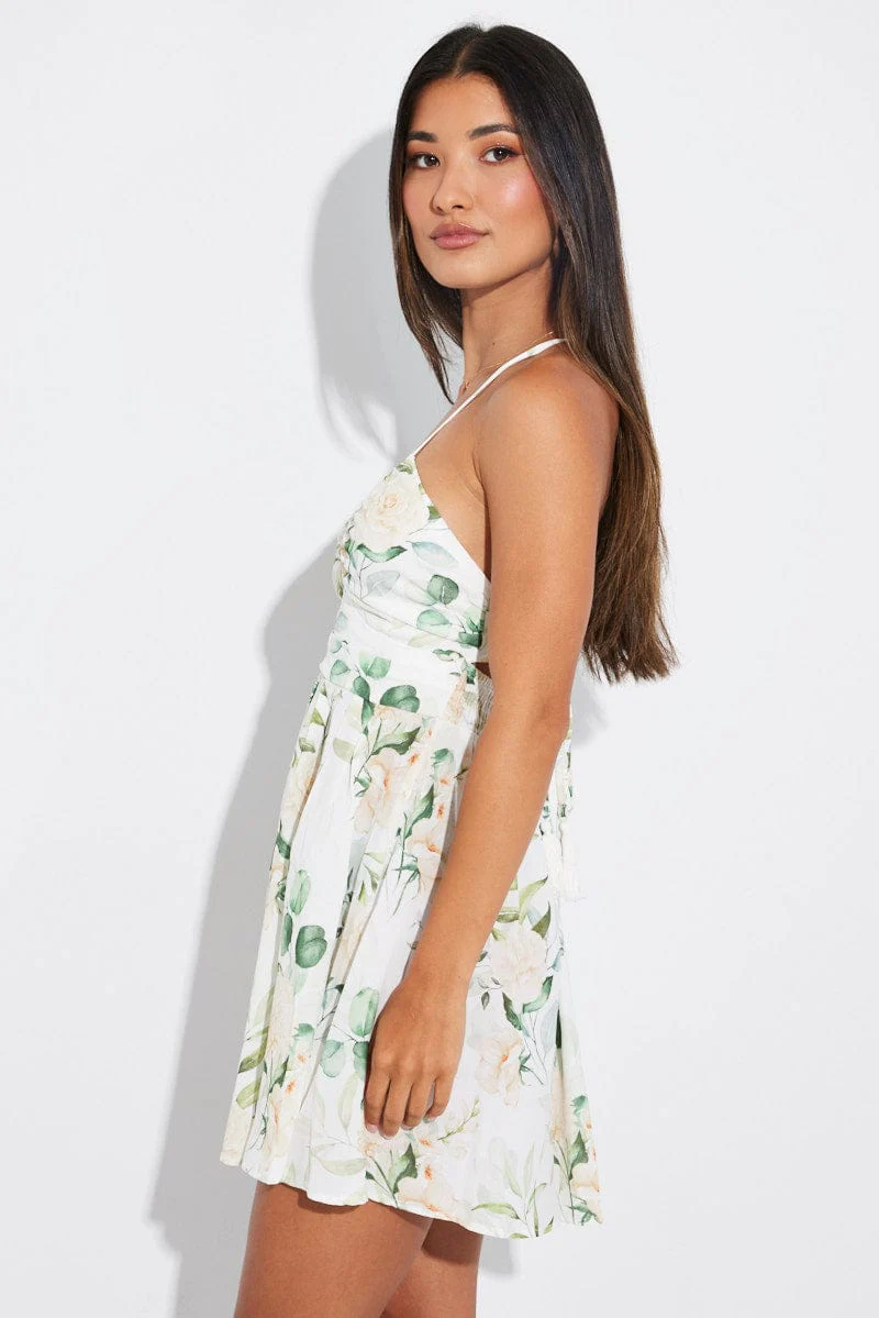 White Floral Ruched Skater Dress Strappy  Gathered Swishy Dress