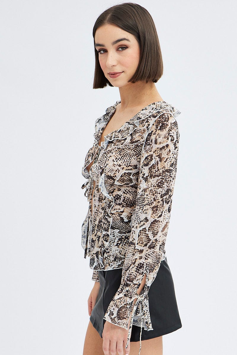Brown Animal Print Bolero Long Sleeve Ruffle  Snake Print Chiffon