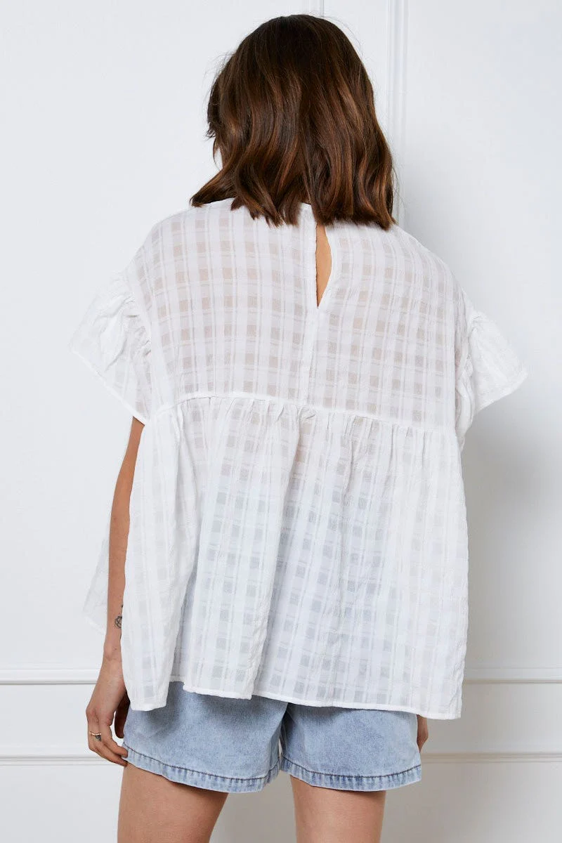 White Top Short Sleeve Crew Neck Linen