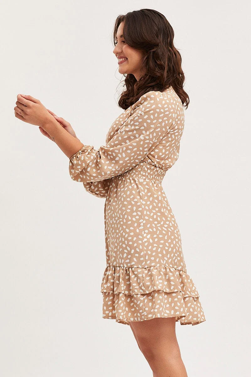 Geo Print Skater Dress Long Sleeve Mini