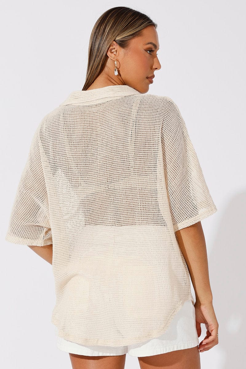 Beige Shirt Short Sleeve Collared Neck