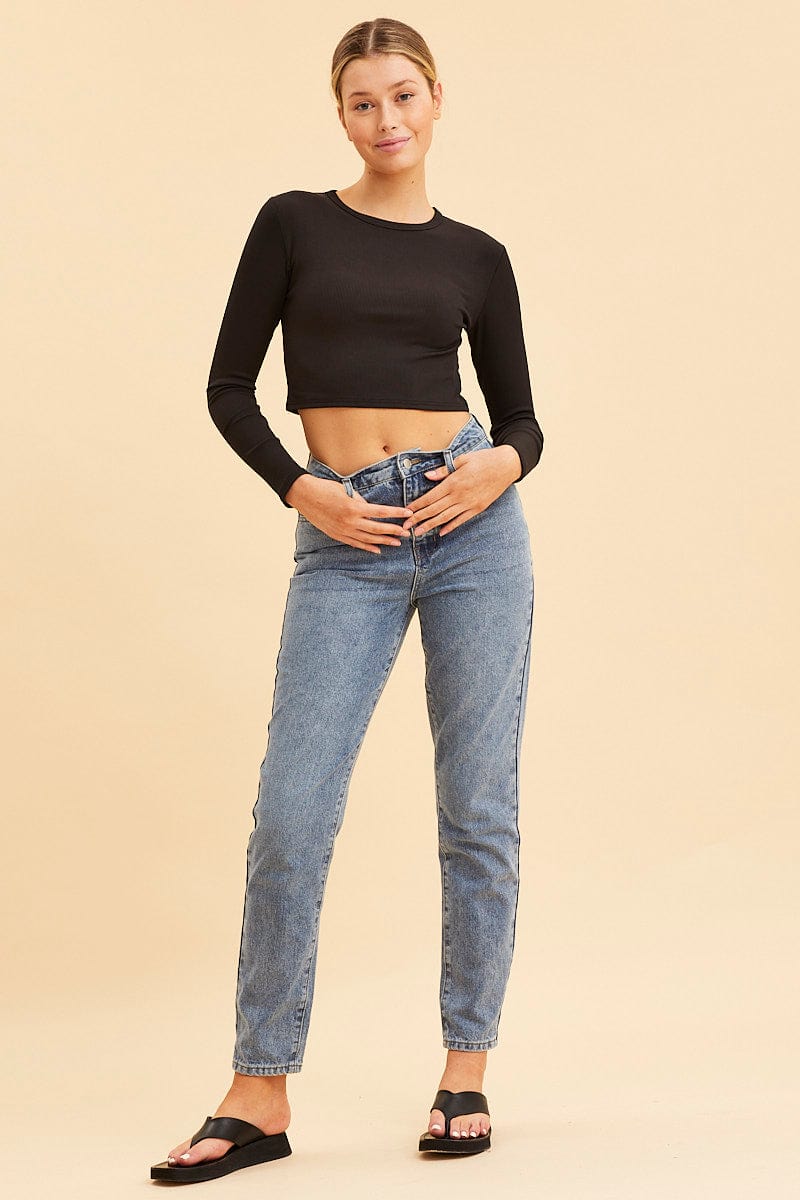 Black Crop Top Long Sleeve Crew Neck Rib