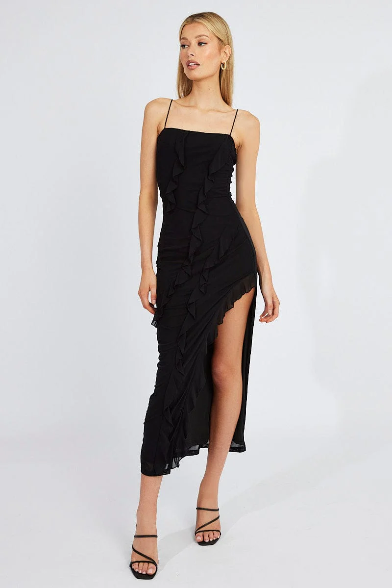 Black Maxi Dress Frilled Mesh