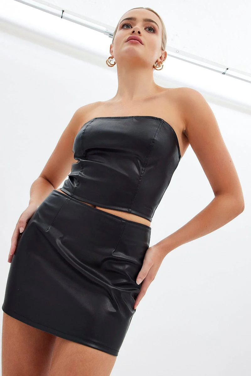 Black Faux Leather Mini Skirt Mid Rise Stretch