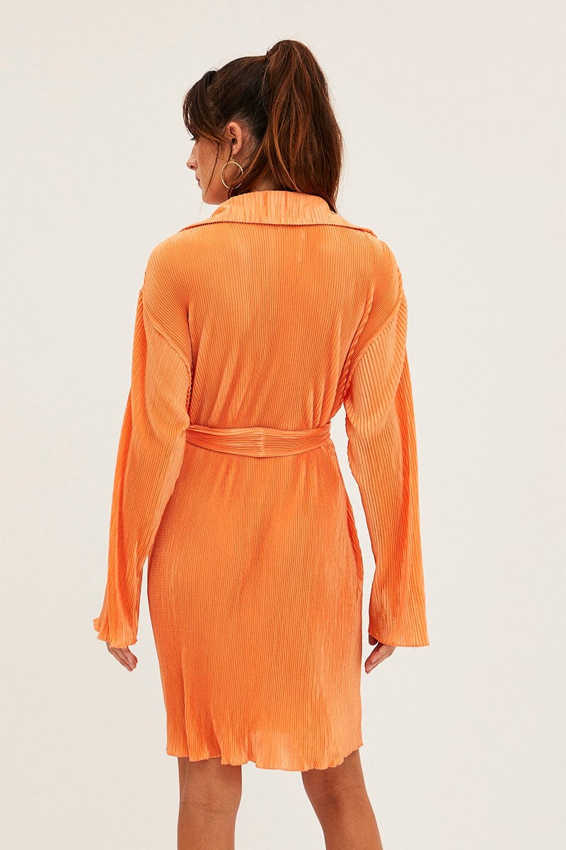 Orange Plisse Shirt Dress Front Button