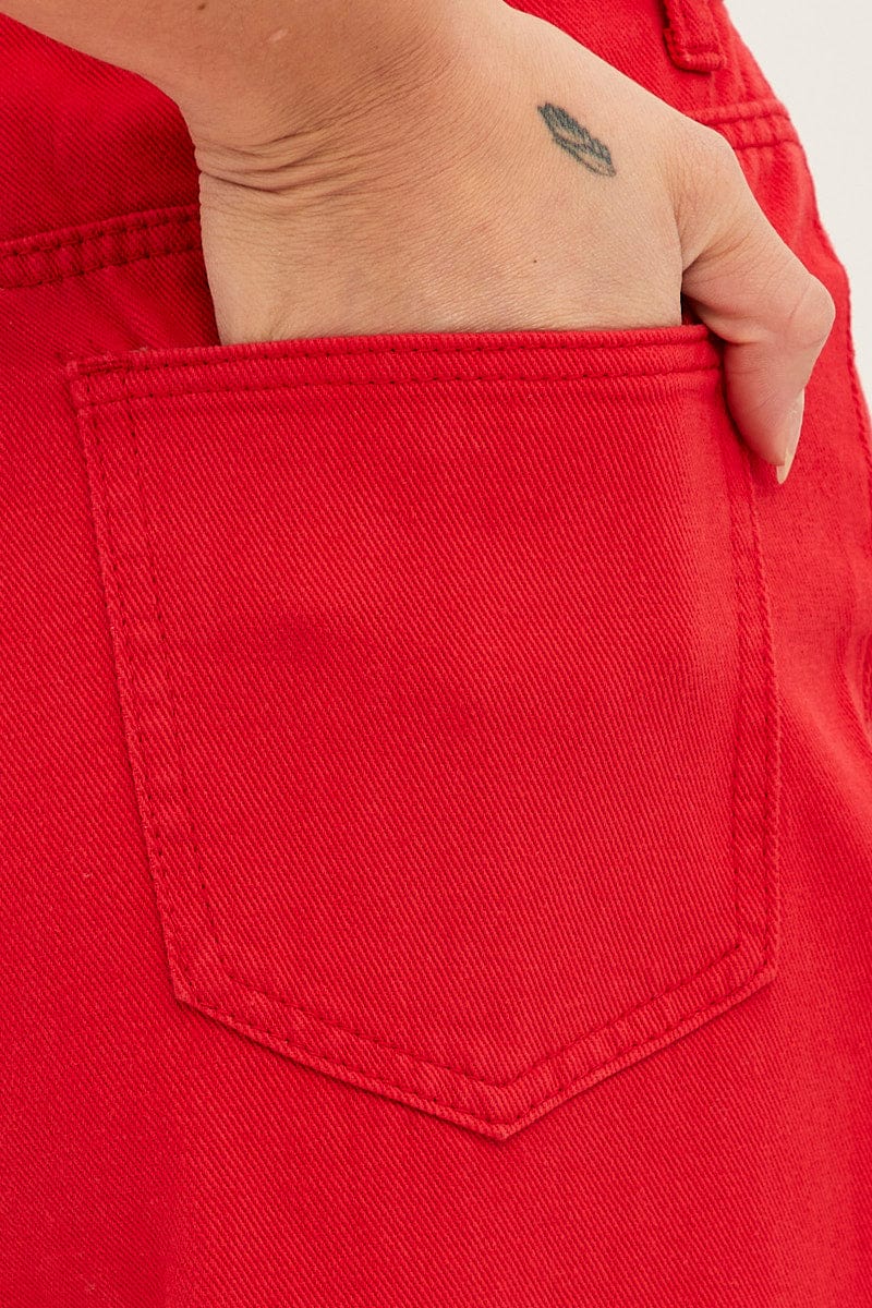Red Wide Leg Denim Jeans High Rise