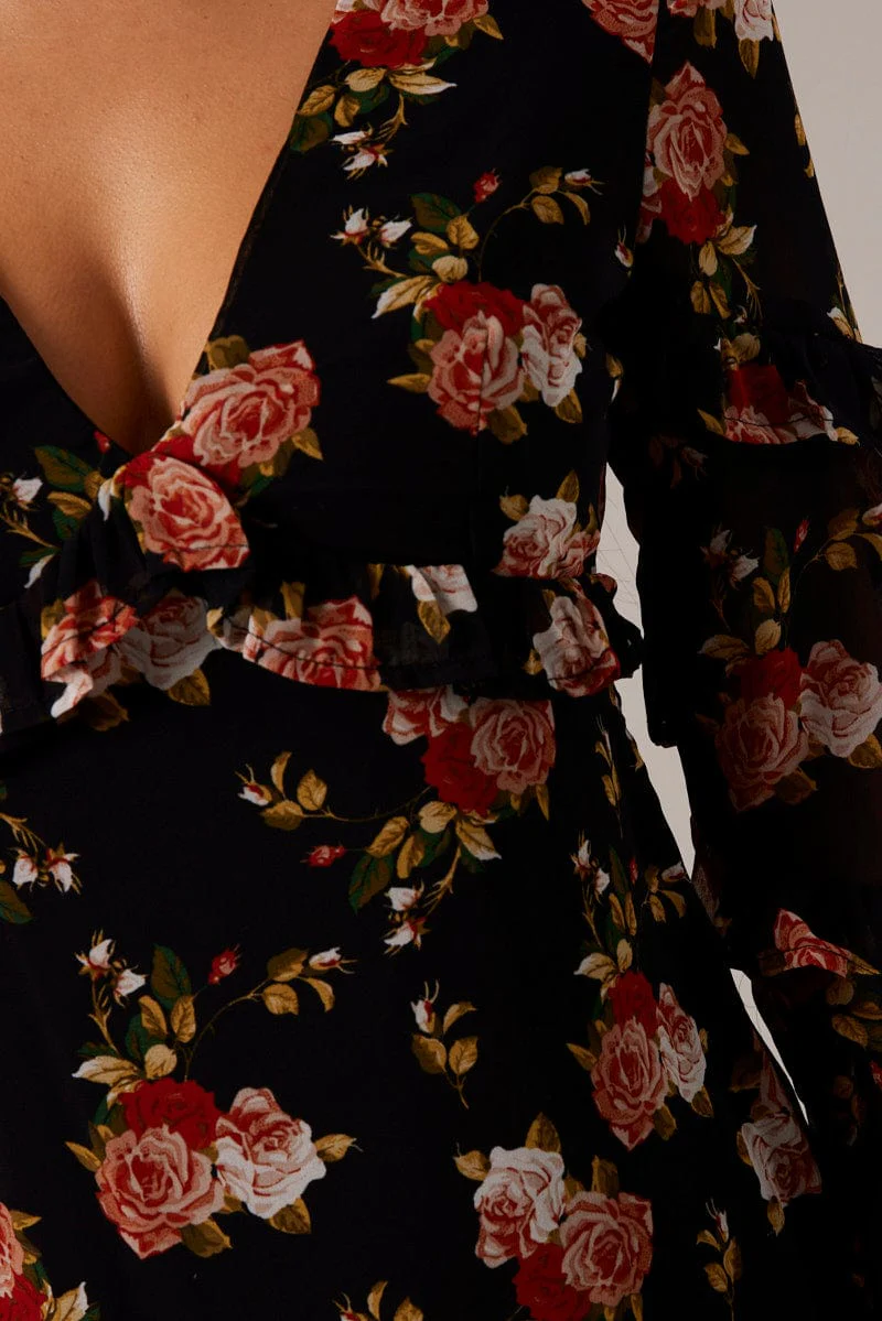 Black Floral Smock Dress Ruffle Sleeve  Dress