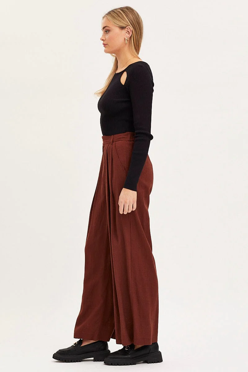 Brown Wide Leg Pants High Rise