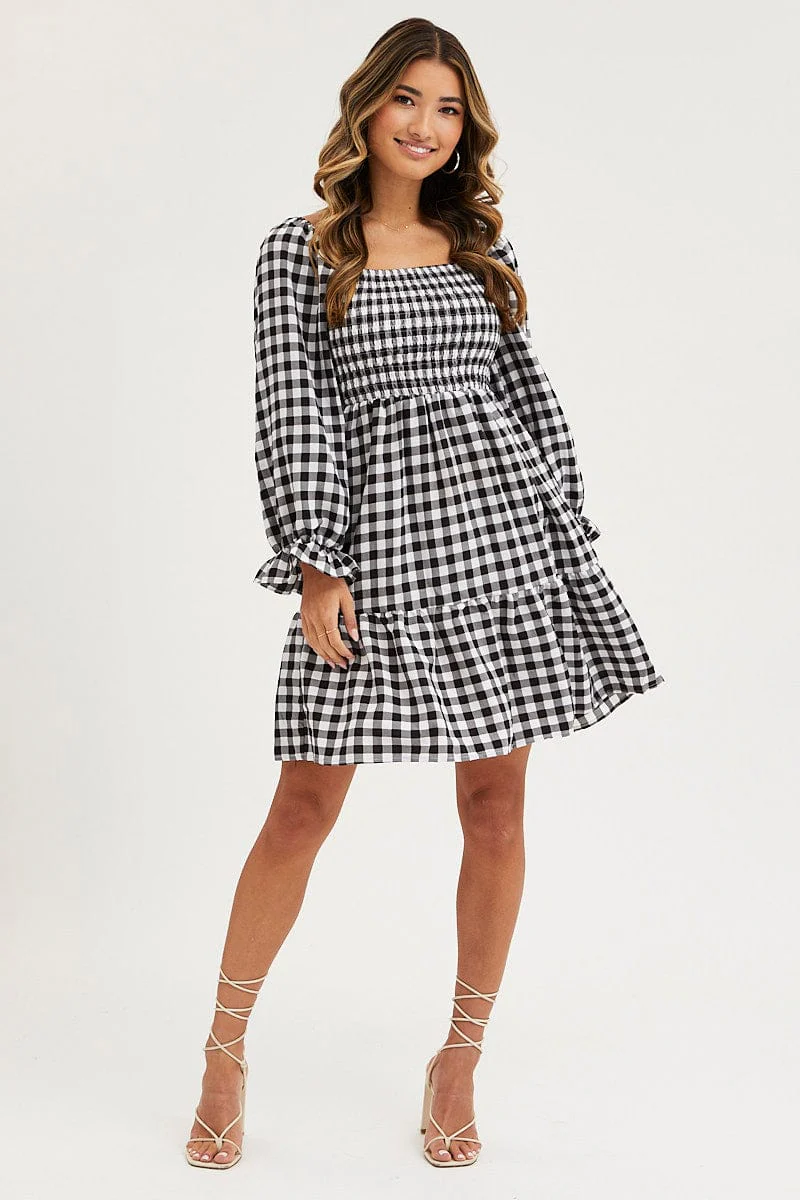 Check Skater Dress Puff Sleeve Mini