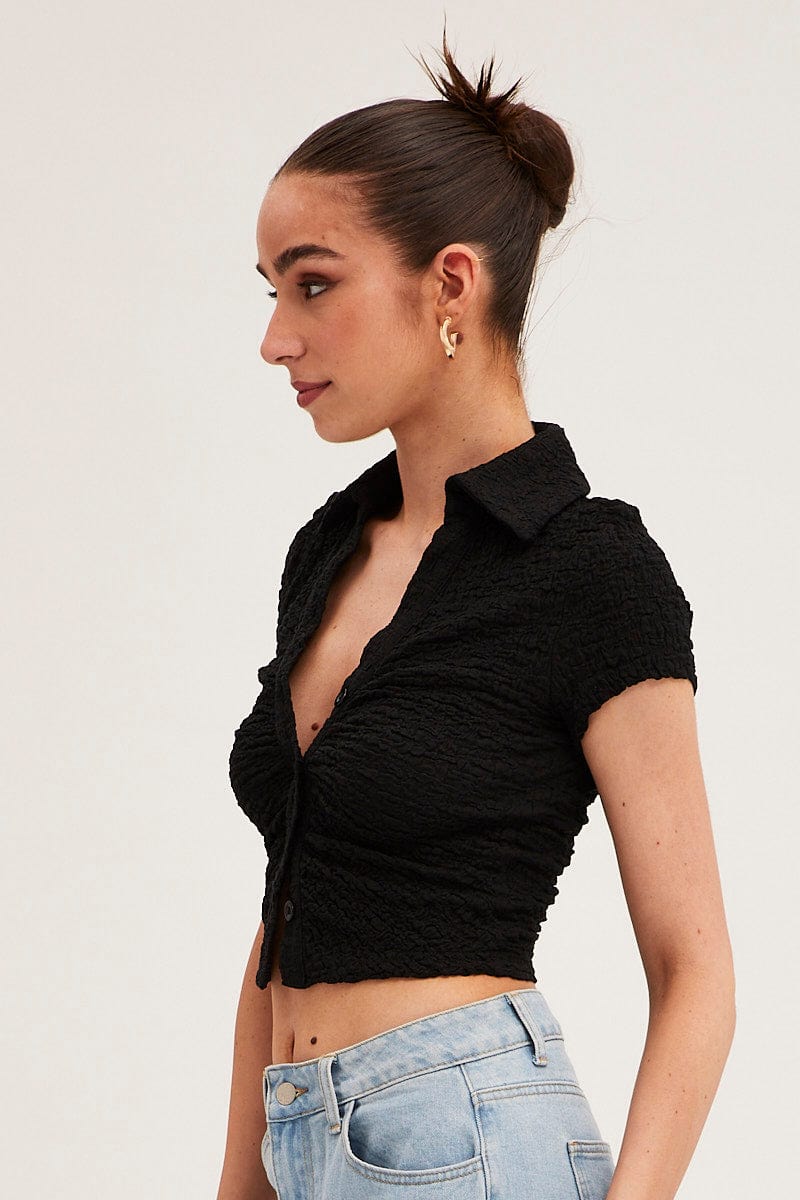 Black Crop Top Short Sleeve Collared Button Up Textured