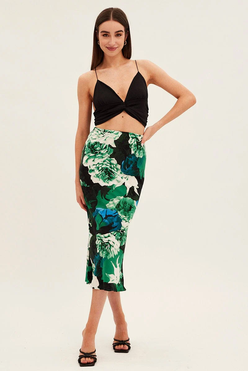 Green Floral Slip Skirt Midi Floral Satin