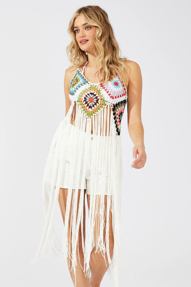 White Crochet Knit Top Tassel
