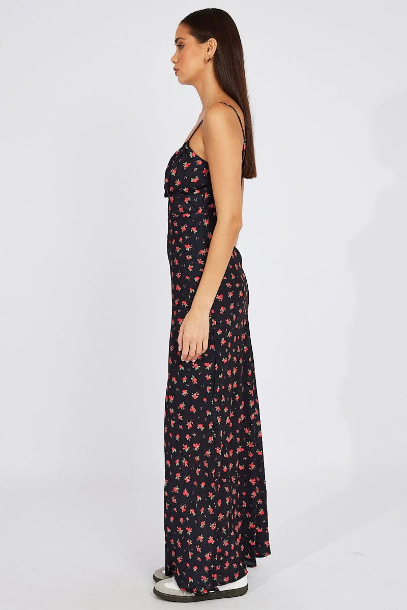 Black Floral Midi Dress Gathering Bust Sleeveless