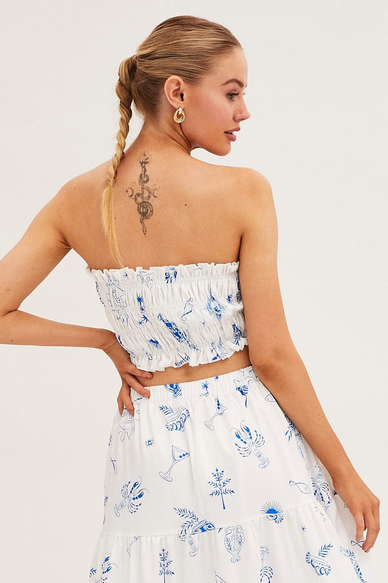 White Abstract Bandeau Top Shirred Print