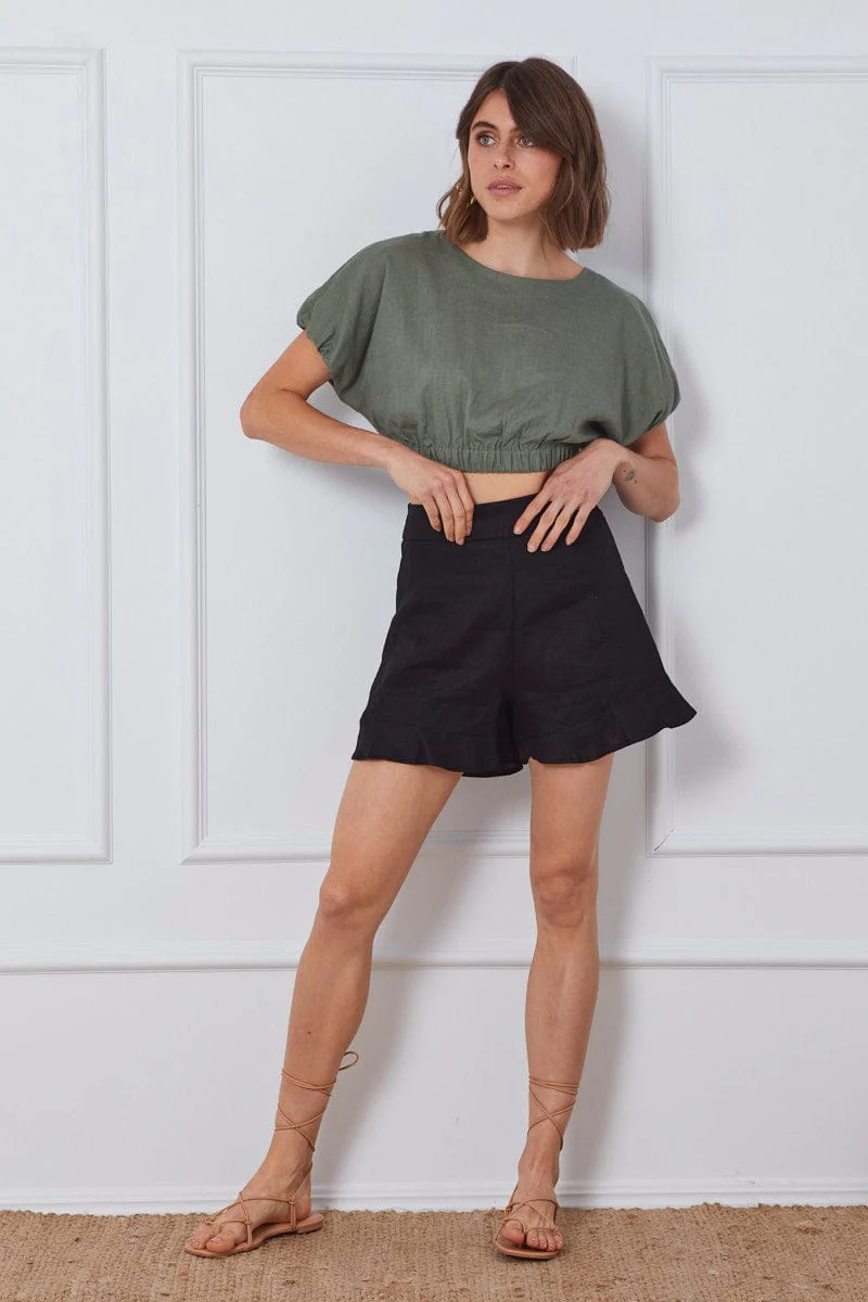 Black High Rise Shorts Linen